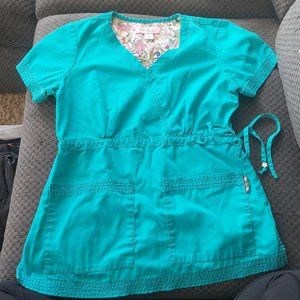 Turquoise Scrub Top with Pockets & Draw Strings